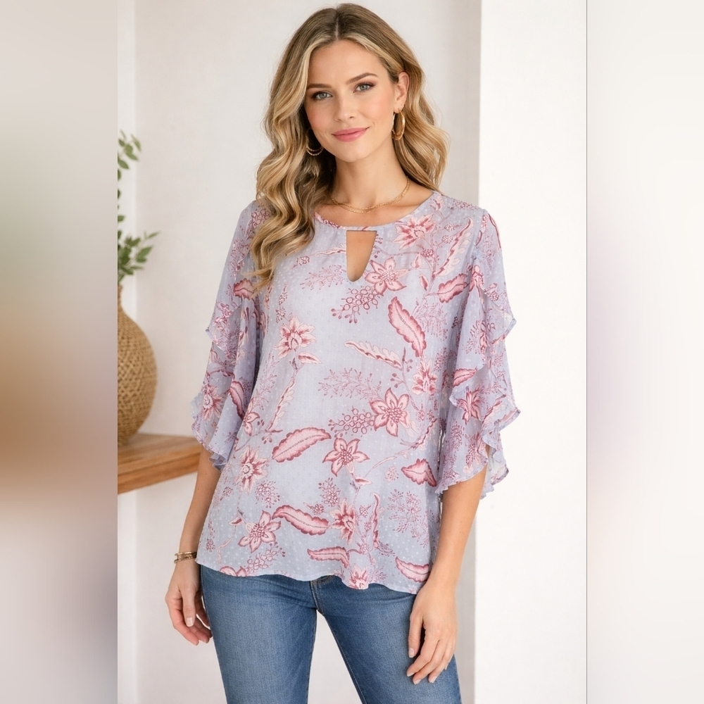 Belle Sky Swiss Dot Floral Sheer Ruffle Sleeved Shirt